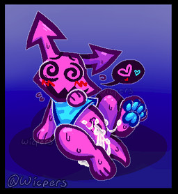 anthro arrow_(anatomy) black_border blue_background blue_clothing blue_dress blue_pawpads blush bodily_fluids border bottomless clothed clothing cum cum_in_vagina cum_inside dress dripping female genital_fluids genitals gradient_background heart_symbol open_mouth open_smile pawpads presenting purple_body semi-anthro simple_background smile solo spiral spiral_eyes text vulva wicpers deltarune undertale_(series) darkner virovirokun 2021 digital_media_(artwork) low_res