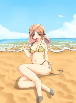beach bikini bikini_pull breasts clothing clothing_pull female seaside sitting solo swimwear swimwear_pull two-piece_swimsuit pilliy bovid bovine cattle humanoid mammal hi_res