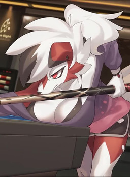 anthro big_breasts billiard_table biped blush bra bracelet breast_jiggle breast_rest breasts cleavage clothed clothing detailed_background ear_piercing female furniture inside jewelry jiggling piercing red_body red_eyes solo table underwear white_body healingpit zinfyu nintendo pokemon generation_7_pokemon lycanroc midnight_lycanroc pokemon_(species) animated no_sound short_playtime video