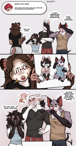 5_fingers anthro biped blush bottomwear breasts brown_body brown_fur brown_hair butt clothed clothed_anthro clothed_female clothed_male clothing crossed_arms dialogue ear_piercing eyes_closed eyewear female fingers friends_with_benefits front_view fully_clothed fully_clothed_anthro fully_clothed_female fully_clothed_male fur gauged_ear glasses grey_tail group hair hand_on_hip hand_on_own_hip male navel pants piercing purple_body purple_fur rear_view shirt simple_background smile speech_bubble standing t-shirt tail tail_motion tailwag text thought_bubble throuple topwear white_body white_fur young spuydjeks kisa_(spuydjeks) marshall_(spuydjeks) miles_(spuydjeks) spuydjeks_(character) american_opossum bat hyena lagomorph leporid mammal marsupial rabbit 2026 absurd_res comic digital_drawing_(artwork) digital_media_(artwork) english_text hi_res