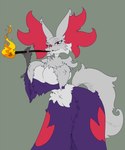 anthro big_breasts breast_curtains breasts clothing female fire fur grey_background grey_body grey_fur huge_breasts purple_clothing red_eyes red_nose simple_background solo stick teeth imric1251 nintendo pokemon delphox generation_6_pokemon pokemon_(species) shiny_pokemon 5:6 hi_res