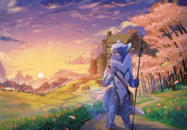 anthro blue_body blue_eyes dusk flower grass lance looking_away male melee_weapon petals plant polearm process scenery solo sunset traveling tree weapon stampmats canid canine canis mammal wolf animated sketch timelapse
