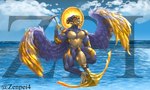 anthro big_penis feathered_wings feathers feet genitals grin halo male nude penis prehensile_feet sea smile solo toes vein veiny_penis water wings zenpei deity haplorhine mammal monkey primate hi_res