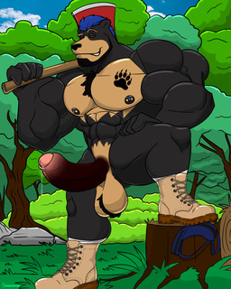abs anthro arm_strap axe ball_tuft balls barazoku beard big_balls big_muscles big_penis black_beard black_body black_facial_hair black_fur blue_hair bodily_fluids body_hair chest_tuft clothing facial_hair fluffy fluffy_chest footwear forest fur genital_fluids genitals hair huge_muscles humanoid_genitalia humanoid_penis jockstrap leaking_precum male male/male muscular nipple_piercing nipples nude penis piercing plant precum saggy_balls smile smiling_at_viewer smirk smirking_at_viewer solo stump tree trim tuft underwear yellow_body yellow_fur xmonstadogx unknownbear bear black_bear mammal ursine 4:5 absurd_res hi_res