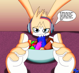 4_toes barefoot blue_eyes candy candy_bowl countershade_feet countershading dessert disembodied_foot disembodied_head electronics feet food foot_fetish foot_focus foot_on_table furniture head_on_table headphones humanoid_feet looking_at_viewer male plantigrade smile smiling_at_viewer smirk smirking_at_viewer soles solo table teasing text toe_wiggle toes ryoosakuling bandai_namco digimon appmon appmon_(species) digimon_(species) humanoid musimon digital_drawing_(artwork) digital_media_(artwork) hi_res