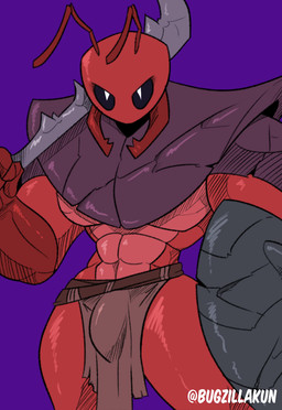 abs antennae_(anatomy) anthro armor biped black_eyes bulge holding_object holding_weapon male mandibles melee_weapon muscular muscular_male purple_background red_body shield simple_background solo sword unconvincing_armor weapon bugzilla hollow_knight_(franchise) team_cherry fan_character arthropod humanoid hi_res