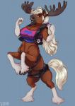 antlers breasts clothed clothing female hair horn looking_at_viewer nipple_outline open_mouth smile solo dbd deer deer_taur equid equine horse hybrid mammal mammal_taur moose new_world_deer taur