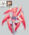 6_wings boots bottomwear clothing crop_top feathers female fingers footwear hair halo legwear monster_girl_(genre) multi_wing pink_body pink_feathers pink_hair pink_wings shirt shoes simple_background skirt solo text text_on_clothing text_on_shirt text_on_topwear thigh_boots thigh_highs topwear wings feefal angel angel_humanoid axolotl_humanoid humanoid seraph_(angel) hi_res