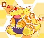 belly blush eyes_closed feral sitting slightly_chubby smile solo yellow_body kishima_wanizo bandai_namco digimon armadillomon digimon_(species)