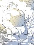 5_fingers anthro blush clothing facial_piercing fingers grass horn humanoid_hands male nipples nose_piercing outside piercing plant solo tree underwear water ituduki_aaa lifewonders tokyo_afterschool_summoners asterius_(tas) bovid bovine cattle mammal 2019 3:4