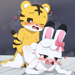 accessory animal_ears anthro biped blush bodily_fluids bow_ribbon butt cum cum_inside eyelashes female female_penetrated flat_chested from_behind_position fur genital_fluids hair_accessory hair_bow hair_ribbon loli looking_pleasured male male/female male_penetrating nude penetration pupils ribbons sex shota thick_thighs white_body young 0227 felid lagomorph leporid mammal pantherine rabbit tiger 1:1 hi_res