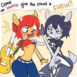 alternative_fashion anthro areola assisted_exposure blush blush_stickers breasts clothed clothing clothing_lift duo electric_guitar exposed_breasts female flashing glistening_eyelids goth guitar hair lidded_eyes musical_instrument nipples plucked_string_instrument red_hair shirt shirt_lift string_instrument surprised text thong topwear underwear sataenart parappa_the_rapper sony_corporation sony_interactive_entertainment um_jammer_lammy lammy_lamb rammy_lamb bovid caprine mammal sheep 1:1 2020 digital_media_(artwork) english_text hi_res