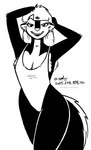 anthro bedroom_eyes breasts cleavage clothed clothing ear_piercing ear_ring female fur hair long_hair narrowed_eyes one-piece_swimsuit piercing ring_piercing seductive solo swimwear tegerio zandar's_saga kelly_o'dor mammal mephitid skunk 2025 hi_res monochrome