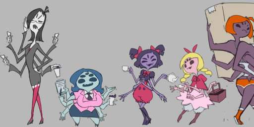 6_arms clothed clothing female group hair long_hair multi_arm multi_eye multi_limb short_hair size_difference minus8 undertale undertale_(series) fan_character muffet arachnid arthropod monster spider