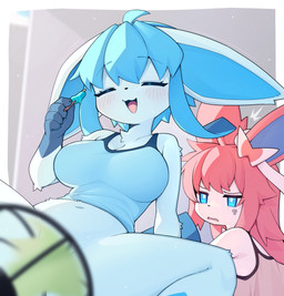5_fingers ahoge anthro arm_support arm_tuft backward_arm_support bangs big_breasts big_ears biped black_eyebrows black_nose blue_body blue_claws blue_clothing blue_eyes blue_hair blue_inner_ear blue_markings blue_shirt blue_tank_top blue_topwear blush blush_lines bottomless bottomless_anthro bottomless_female breasts claws cleavage clothed clothed_anthro clothed_female clothing convenient_censorship cooling_off duo elbow_tuft electric_fan emanata eyebrow_through_hair eyebrows eyelashes eyes_closed female female_anthro finger_claws fingers flash_emanata food fur fur_markings fur_tuft gloves_(marking) hair holding_food holding_object holding_popsicle humanoid_hands iris kemono leaning leaning_backward light markings navel open_mouth open_smile pink_body pink_ears pink_hair popsicle pupils shirt sitting small_nose smile spread_legs spreading tan_clothing tan_shirt tan_tank_top tan_topwear tank_top thin_eyebrows topwear translucent translucent_hair tuft white_body white_ears white_fur white_pupils white_sclera white_tuft devil-vox nintendo pokemon eeveelution generation_4_pokemon generation_6_pokemon glaceon pokemon_(species) sylveon 2026 digital_media_(artwork) hi_res lighting shaded