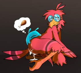 after_anal after_sex blue_goo bodily_fluids cum cum_drip cum_in_ass cum_inside dot_eyes dripping erection eyewear eyewear_only feathers genital_fluids genitals goggles goggles_only half-closed_eyes male narrowed_eyes nervous nude penis pink_body pink_feathers scales simple_eyes slime_sex solo_focus tapering_penis thought_bubble winged_arms wings yellow_body yellow_scales mocheccino avian bird goo_creature hi_res