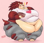 anthro barefoot belly belly_overhang big_belly big_breasts black_nose blush bottomwear breasts brown_body brown_fur clothed clothing deep_navel dessert double_chin eating emanata embarrassed exclamation_point feet female food fur heart_clothing heart_symbol holding_food holding_object huge_belly huge_hips ice_cream lidded_eyes morbidly_obese morbidly_obese_anthro morbidly_obese_female navel obese obese_anthro obese_female overweight overweight_anthro overweight_female pants pink_background shirt simple_background solo standing surprise thick_thighs topwear torn_bottomwear torn_clothing torn_pants wardrobe_malfunction wide_hips smolsnuff wiishyishii animal_crossing nintendo sable_able eulipotyphlan hedgehog mammal hi_res