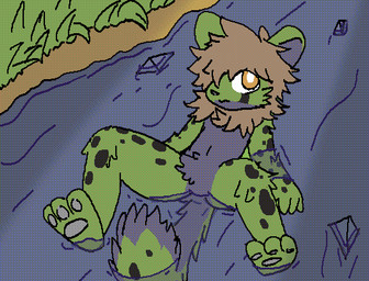 anthro brown_hair butt fur green_body hair kemono male markings orange_eyes purple_body purple_fur solo spots spotted_body spotted_fur young young_anthro young_male ikelos4444 changed_(video_game) felid goo_creature leopard mammal pantherine