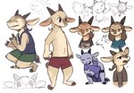 2_horns anthro arm_tuft barefoot belly_tuft biped bottomwear boxer_briefs brown_body brown_eyes brown_fur cheek_tuft clothed clothing dipstick_ears ear_markings ear_piercing ear_ring elbow_tuft facial_markings facial_tuft feet fur gloves_(marking) grey_body grey_fur half-closed_eyes head_markings head_tuft horizontal_pupils horn knee_tuft leg_markings leg_tuft male markings multicolored_ears multiple_poses narrowed_eyes notched_ear open_mouth piercing pose pupils rattail_(hairstyle) ring_piercing shirt shorts simple_background sitting socks_(marking) solo standing t-shirt tan_body tan_fur tank_top text topless topwear tuft underwear white_background fuel_(artist) chico_(fuel) raimi_(fuel) bovid caprine goat mammal 2021 english_text hi_res multiple_versions sketch sketch_page