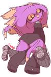 2:3 blush bodily_fluids butt clothing diives eyelashes female footwear generation_4_pokemon humanoid kneeling legwear magius_(diives) mismagius nintendo not_furry pokemon pokemon_(species) pseudo_clothing red_eyes shoes simple_background sleeves socks solo spirit thick_thighs tongue tongue_out yellow_sclera