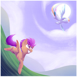 blue_body blue_feathers blue_fur border cloud cutie_mark duo feathered_wings feathers female feral flying fur grass hair mountain multicolored_hair outside plant purple_eyes purple_hair quadruped rainbow_hair sky sun tail white_border wings young young_feral kiki-kit friendship_is_magic hasbro my_little_pony mythology rainbow_dash_(mlp) scootaloo_(mlp) equid equine mammal mythological_creature mythological_equine pegasus 1:1 2012