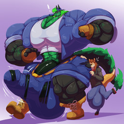 5_fingers anthro balls big_balls big_bulge big_muscles big_pecs big_penis black_penis bodily_fluids bottomwear brown_hair bulge clothing countershading duo erection fingerless_gloves fingers footwear genitals gloves green_body green_countershading green_hair hair handwear hat headgear headwear hoodie huge_balls huge_bulge huge_muscles huge_pecs huge_penis hyper hyper_balls hyper_bulge hyper_genitalia hyper_muscles hyper_pecs hyper_penis looking_at_another male muscular nipples pants pecs penis shirt shoes size_difference sweat topwear torn_clothing walking bobert bobert_(character) thomas_green canid canine canis hybrid mammal mustelid otter wolf 1:1 2020 hi_res
