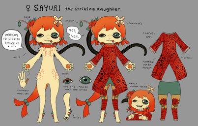 :3 anthro black_pawpads bodily_fluids bottomwear clothing dress feet female female_anthro female_symbol fur gender_symbol green_bottomwear green_clothing green_eyes green_pants green_pawpads hair handpaw hindpaw index_to_index leg_spikes markings mismatched_eyes multicolored_pants multicolored_pawpads orange_hair orange_pawpads orange_tail pants pattern_clothing pattern_dress pawpads paws pink_markings red_clothing red_dress red_rose saliva solo speech_bubble spikes spikes_(anatomy) standing symbol tail teeth text tongue tongue_out two_tone_pawpads yellow_body yellow_bottomwear yellow_clothing yellow_fur yellow_pants jejejunum lsd:_dream_emulator fan_character sayuri_(jejejunum) domestic_cat felid feline felis mammal 2026 digital_drawing_(artwork) digital_media_(artwork) english_text firealpaca_(artwork) full-length_portrait hi_res model_sheet portrait