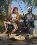 4_toes 5_fingers andromorph anthro beverage big_clitoris black_body black_fur black_nipples black_nose bottle bottomwear brown_body brown_fur bucket camping_chair chair chest_tuft claws clitoral_hood_piercing clitoris clothed clothing collar container detailed_background digitigrade duo ear_piercing eyebrows eyelashes facial_piercing feet fingers fishing fishing_rod fur furniture genital_piercing genitals green_bottomwear green_clothing green_eyes grey_body grey_fur hair holding_object intersex lake lip_piercing long_hair long_tail markings mjolnir_necklace muscular muscular_andromorph muscular_anthro muscular_intersex nipple_piercing nipples nude on_chair open_mouth orange_eyes outside piercing pink_nipples pink_nose plant pupils pussy red_eyebrows red_hair ring_piercing rock shorts shorts_only sitting sitting_on_chair slit_pupils smile spots spotted_body spotted_fur spread_legs spreading tail tapering_tail teeth toes topless tree tuft white_body white_eyebrows white_fur white_hair white_markings himeragoldtail ashnu celestian_(ashnurazg) felid fish mammal marine mustelid otter prehistoric_species saber-toothed_tiger 2025 digital_media_(artwork) hi_res