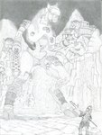 ambiguous_gender anthro armor detailed_background duo female holding_object holding_weapon hooves looking_up mountain night size_difference weapon lobar ka_sarra mammal porcupine rodent undead absurd_res graphite_(artwork) hi_res traditional_media_(artwork)