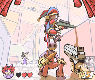 anthro biped blue_eyes brown_hair button_(fastener) button_eyes carrot carrying_another clothing crosshair crouching detailed_background doll fake_screencap female first_person_view food fool's_hat fur gameplay_mechanics gloves group gui gun hair handgun handwear hat headgear headwear health_bar heart_symbol heterochromia holding_gun holding_handgun holding_object holding_pistol holding_ranged_weapon holding_revolver holding_sniper_rifle holding_weapon improvised_weapon inside kneeling logo male on_one_knee pistol plant purple_body purple_fur rag_doll_(toy) ranged_weapon red_eyes red_hair revolver rifle sniper_rifle standing_on_another style_emulation vegetable weapon yellow_eyes bobflow1997 counter-strike glitch_productions the_amazing_digital_circus gangle_(tadc) jax_(tadc) kinger_(tadc) pomni_(tadc) ragatha_(tadc) zooble_(tadc) animate_inanimate human humanoid lagomorph leporid living_chess_piece living_doll mammal rabbit 2025 artist_logo crossover digital_drawing_(artwork) digital_media_(artwork) hi_res watermark nonbinary_(lore)