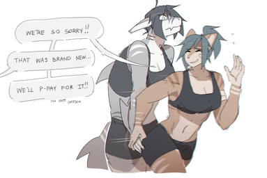 anthro dialogue duo ears_down embarrassed female gynomorph hair hand_holding intersex pivoted_ears ponytail simple_background speech_bubble tail white_background workout_clothing notglacier kaze_(notglacier) kei_(notglacier) aquatic domestic_cat felid feline felis fish mammal shark absurd_res hi_res trans_(lore) trans_woman_(lore)