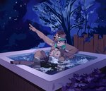 anthro bottomwear breasts clothed clothing duo female fence gesture green_hair hair hand_gesture hot_tub looking_up male male/female night nipples pointing shorts sky star starry_sky topless water uzon canid canine canis deer domestic_dog mammal absurd_res hi_res