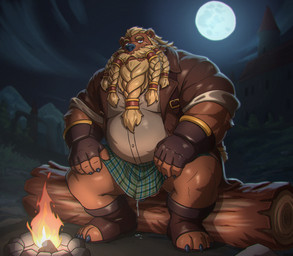 anthro aroused aroused_male balls barazoku beard beer_belly belly biceps big_belly big_muscles big_pecs blonde_beard blonde_facial_hair blonde_hair blonde_mustache blonde_sideburns blue_eyes bodily_fluids bottomwear braided_beard braided_hair brown_body brown_clothing brown_fingerless_gloves brown_footwear brown_fur brown_gloves brown_handwear brown_jacket brown_shoes brown_topwear campfire clothed clothed_anthro clothed_male clothing cloud cloudy_sky dripping facial_hair fingerless_gloves fire firelight footwear forest forest_background full_moon fur genital_fluids genitals gloves grass green_clothing green_kilt hair handwear ineffective_clothing jacket kilt leaking_precum light log looking_at_viewer low-angle_view male manly mature_anthro mature_male moon moonlight musclegut muscular muscular_anthro muscular_arms muscular_male muscular_thighs mustache nature nature_background night outside pattern_bottomwear pattern_clothing pecs plaid plaid_bottomwear plaid_clothing plaid_kilt plant precum precum_drip precum_from_penis precum_on_ground precum_puddle shirt shoes sideburns sitting sitting_on_log sky solo spread_legs spreading thick_arms thick_thighs toeless_footwear toeless_shoes topwear tree white_clothing white_shirt white_topwear wood magniursus thoraden_(magniursus) bear dwarf mammal ursine hi_res