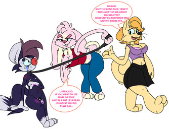 anthro bite_mark breasts bruised chastity_cage chastity_device cleavage clothed clothing collar dominant dominant_female female genitals group leash male nude penis simple_background submissive submissive_male text toony white_background argentstarsaga sugar-snap_bunny tank_shaddix canid canine canis chinchilla chinchillid domestic_dog lagomorph leporid mammal rabbit rodent absurd_res english_text hi_res