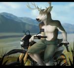 antlers black_body black_fur bottomwear clothed clothing day detailed_background fur grass green_bottomwear green_clothing green_shorts horn lens_flare looking_at_viewer male motorcycle mountain multicolored_body multicolored_fur plant shorts sitting sky solo topless two_tone_body two_tone_fur vehicle white_body white_fur miraoff suzuki jayne_doe cervine deer mammal