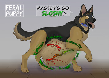 after_vore ambiguous_gender belly big_belly black_body black_ears black_tail bodily_fluids brown_belly brown_legs collar dialogue duo feral feral_pred grey_background human_prey one_foot_up orange_eyes rumbling_stomach saliva simple_background speech_bubble tail talking_feral text tongue tongue_out vore feral-puppy canid canine canis domestic_dog german_shepherd herding_dog human mammal pastoral_dog 2024 english_text hi_res watermark