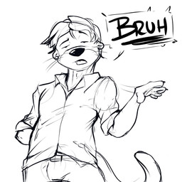 anthro bottomwear bruh claws clothed clothed_male clothing collared_shirt dialogue ear_piercing eyebrows frown hair hand_behind_back looking_at_viewer male membrane_(anatomy) open_mouth otter_tail pants piercing raised_eyebrow shirt simple_background solo speech_bubble standing talking_to_viewer tongue topwear underlined_text webbed_hands whiskers white_background pandottermon mammal mustelid otter 1:1 black_and_white guide_lines hi_res monochrome sketch