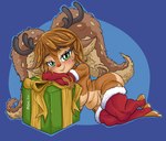 anthro antlers armwear big_breasts black_antlers black_horn blue_background blush box breasts brown_body brown_fur brown_hair clothing container female freckled_face freckles fur gift_box green_eyes hair holidays horn legwear looking_at_viewer lying navel nude on_side red_armwear red_clothing red_legwear red_nose red_thigh_highs short_stack simple_background slightly_chubby smile snaggle_tooth solo tan_body tan_fur thick_thighs thigh_highs wide_hips gob_r4n christmas league_of_legends riot_games tencent poppy_(lol) snow_fawn_poppy_(lol) deer hybrid mammal yordle absurd_res hi_res