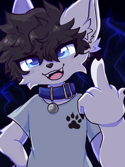 5_fingers anthro black_claws black_hair black_nose blue_collar blue_eyes cheek_tuft claws clothing collar collar_tag facial_tuft fangs fingers flipping_viewer_off front_view fur gesture good_boy hair hand_gesture male middle_finger open_mouth shirt short_hair solo teeth text text_on_collar_tag topwear tuft wearing_collar white_body white_fur kingsillysmilez canid canine canis mammal wolf 2023 3:4 cel_shading colored colored_sketch digital_drawing_(artwork) digital_media_(artwork) english_text hi_res shaded sketch