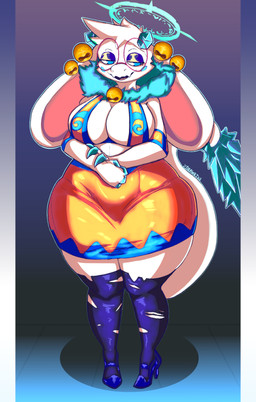 anthro bell belly big_butt big_ears biped blue_eyes butt clothed clothing ear_bell eyebrows female footwear high_heels legwear shoes simple_background skimpy solo standing stockings tail thick_thighs tight_clothing torn_clothing torn_legwear torn_stockings white_body wide_hips drawktus atlyss angela_flux bovid caprine goat kubold_(atlyss) mammal oathkin_(atlyss) absurd_res hi_res