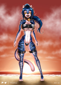 anthro barefoot beach bell bell_collar big_breasts bouncing_breasts breasts clothing collar feet female hair legwear looking_at_viewer one-piece_swimsuit open_mouth ponytail seaside solo stockings sunset swimwear thick_thighs translucent translucent_clothing translucent_swimwear under_boob conditional_dnp tailsrulz gris_swimsuit meme_clothing felicia_(tailsrulz) felid mammal pantherine tiger hi_res meme