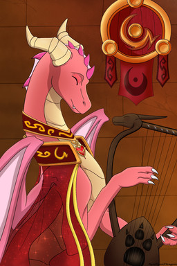 banner bracelet eyes_closed female feral harp horn jewelry musical_instrument necklace pink_body pink_scales playing_music plucked_string_instrument ring scales scarf solo string_instrument tail wings apollyondragon activision mythology spyro_the_dragon ember_(spyro) dragon mythological_creature mythological_scalie scalie 2023 2:3 digital_drawing_(artwork) digital_media_(artwork) hi_res