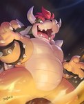 2021 anthro armband bowser bracelet claws collar eyebrows finger_claws fire hair horn jewelry koopa male mario_bros musclegut muscular nintendo open_mouth red_eyes red_hair scalie shell signature solo spiked_armband spiked_bracelet spiked_collar spiked_shell spikes spikes_(anatomy) teeth tigerlukke tongue
