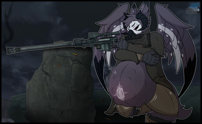 aiming anthro armor beak belly big_belly black_body black_border black_feathers black_sclera border bullet clothed clothing feathers fetal_movement grey_body grey_feathers gun horn huge_belly hyper hyper_belly hyper_pregnancy jacket kneeling male markings on_one_knee outside pregnant pregnant_anthro pregnant_male purple_eyes ranged_weapon rifle shooting sniper_rifle solo topwear wasteland weapon white_body white_feathers wings blazkenzxy mrraven016 avian bird hybrid 2026 absurd_res digital_drawing_(artwork) digital_media_(artwork) hi_res signature