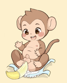 after_sex anthro balls banana blush butt clothing condom diaper food fruit fur genitals improvised_dildo improvised_sex_toy long_tail male neonate nipples nude open_diaper open_mouth penis plant sexual_barrier_device shota simple_background smile solo tail teeth tuft young young_anthro churoe haplorhine mammal monkey primate