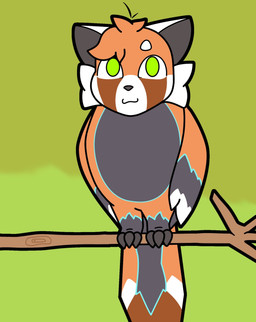 :3 branch curly_hair feathers feet feral hair head_tuft looking_at_viewer male markings orange_body orange_feathers simple_background smile smiling_at_viewer solo standing talons toes toony tuft bugisinx_(artist) avery_(bugisinx) meowl ailurid avian bird hybrid mammal red_panda hi_res
