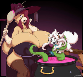 anthro beak big_breasts breasts cauldron clothed clothing cutlery dress duo female fur gem hair hat headgear headwear huge_breasts kitchen_utensils ladder leggings legwear liquid male non-mammal_breasts one_eye_obstructed open_beak open_mouth purple_eyes spoon tentacles thick_thighs tools white_body white_fur white_hair witch_hat deonwolf deon_(deonwolf) liz_(draconder) avian bird canid canine canis chicken galliform mammal phasianid wolf 2019 digital_media_(artwork)