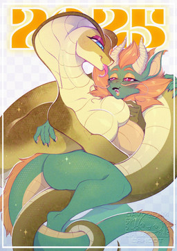 2_horns anthro apode big_breasts blue_eyes blush breasts brown_body brown_scales claws duo eyeshadow featureless_breasts female female/female forked_tongue green_body green_scales hair horn hug legless lips long_tail looking_at_another looking_at_partner makeup non-mammal_breasts orange_hair pink_eyes purple_eyeshadow scales serpentine smile smiling_at_another smiling_at_partner sparkles tail tongue tongue_out yellow_body yellow_eyeshadow yellow_scales daydream_cahoot mythology cobra draconcopode dragon eastern_dragon mythological_creature mythological_scalie naga reptile scalie snake 2025 digital_drawing_(artwork) digital_media_(artwork) hi_res watermark