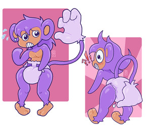 2_toes 4_fingers ambiguous_gender anthro blue_ear_ring blush blush_lines bodily_fluids brown_body brown_inner_ear butt butt_grab clean_diaper clothed clothing cloud_emanata diaper diaper_puff ear_piercing ear_ring emanata featureless_hands feet fingers flying_sweatdrops front_view frown fur groping_diaper hand_on_butt hand_on_diaper interrobang living_tail logo multicolored_body piercing purple_body purple_fur purple_tail rear_view ring_piercing simple_background solo standing sweat sweatdrop tail tail_hand teeth toes touching_diaper two_tone_body unusual_anatomy unusual_tail wearing_diaper white_background wide_eyed dljoe nintendo pokemon aipom generation_2_pokemon pokemon_(species) artist_logo full-length_portrait multiple_scenes portrait