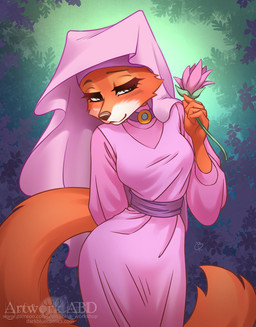 5_fingers anthro breasts clothed clothing cocked_hip dress female female_anthro fingers flower front_view fully_clothed fur half-closed_eyes holding_flower holding_object humanoid_hands narrowed_eyes outside plant red_body red_fur small_waist smile snout solo standing tail text veil abluedeer disney robin_hood_(disney) maid_marian canid canine fox mammal red_fox true_fox digital_media_(artwork) hi_res signature url watermark
